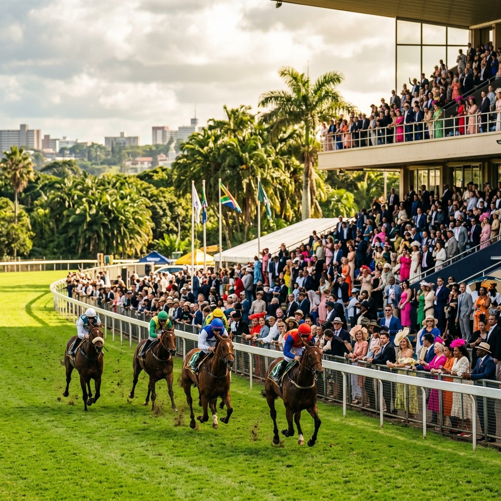 Greyville Racecourse grandstand and crowd on race day in Durban