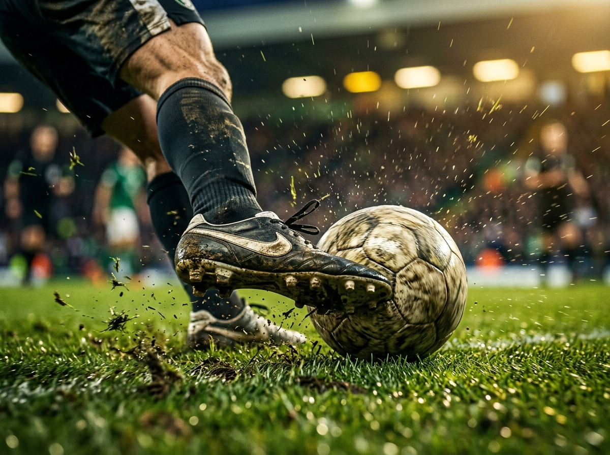 Football player striking a ball mid-action during an intense World Cup match