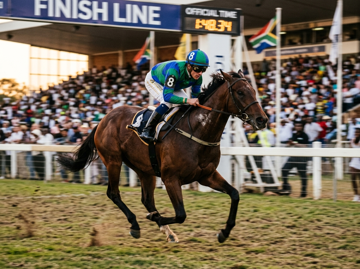 Thoroughbred racehorse and jockey crossing the finish line at a South African racecourse