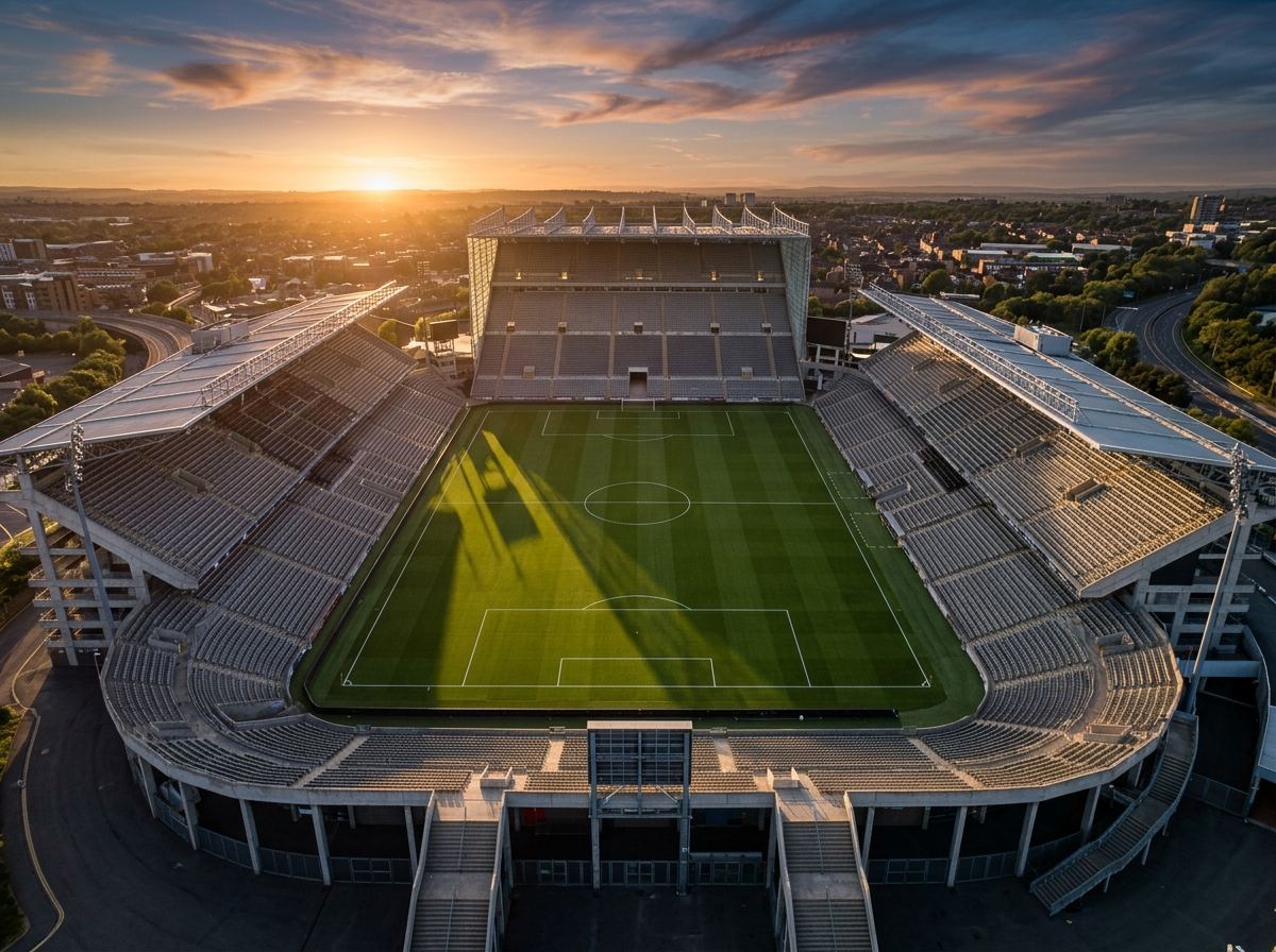 Aerial view of a football stadium pitch at golden hour ready for a World Cup match